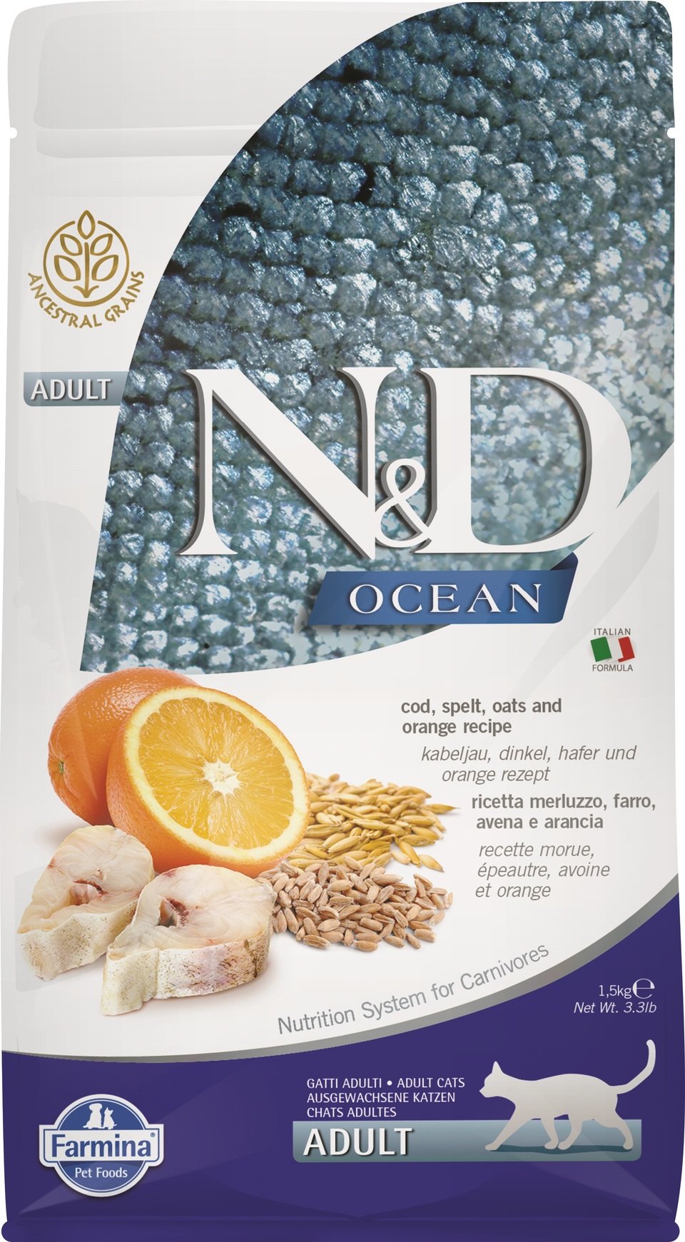 FARMINA N&D Ocean Cat Adult Hrana uscata pisici, cu cod, spelt, ovaz si portocale 1,5 kg