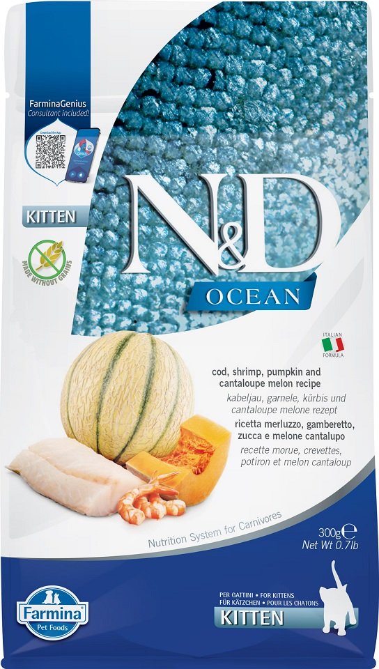 FARMINA N&D Ocean Cat Kitten Hrana pisoi, pisici gestante si care alapteaza, cu cod, creveți, dovleac si pepene galben - 300 g