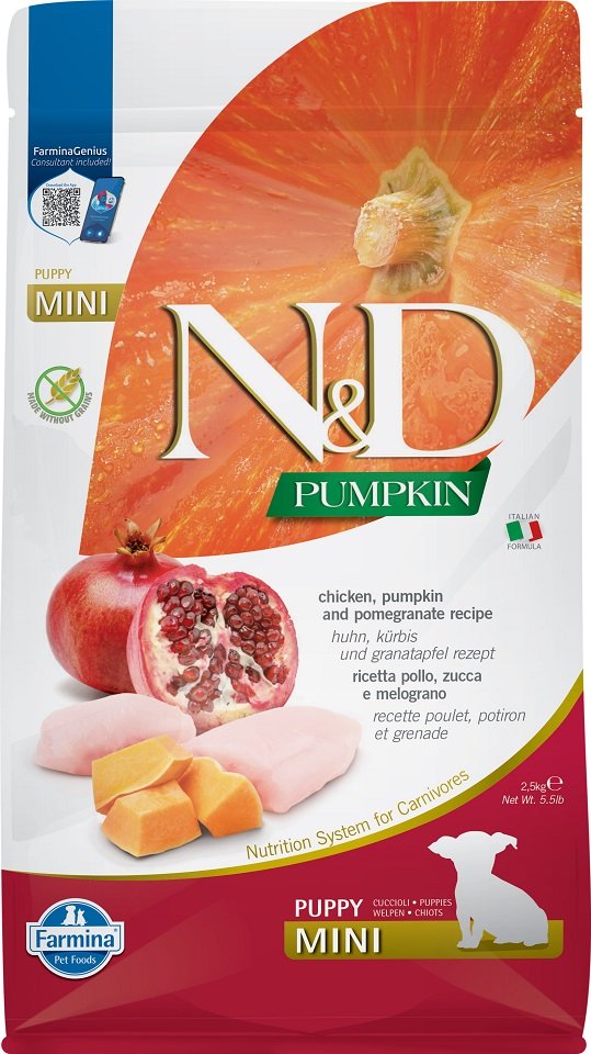 FARMINA N&D Pumpkin Dog Puppy Mini cu puiHrana catei talie mica, cu dovleac si rodie - 2,5 kg