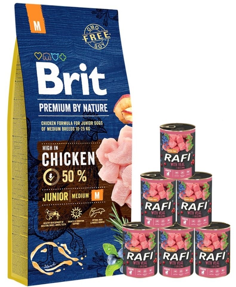 BRIT Premium By Nature Junior Medium M 15 kg + 6x400 g conserve cu vitel