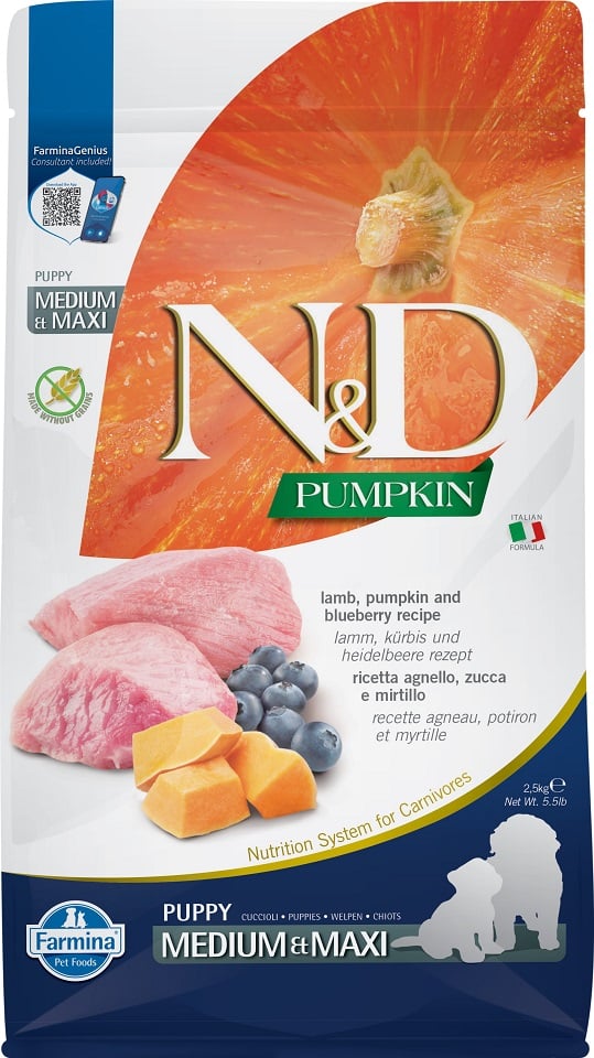 FARMINA N&D GF Puppy Medium&Maxi Pumpkin Lamb&Blueberry hrana uscata caini juniori talie medie/mare, cu dovleac, miel si afine 2,5 kg
