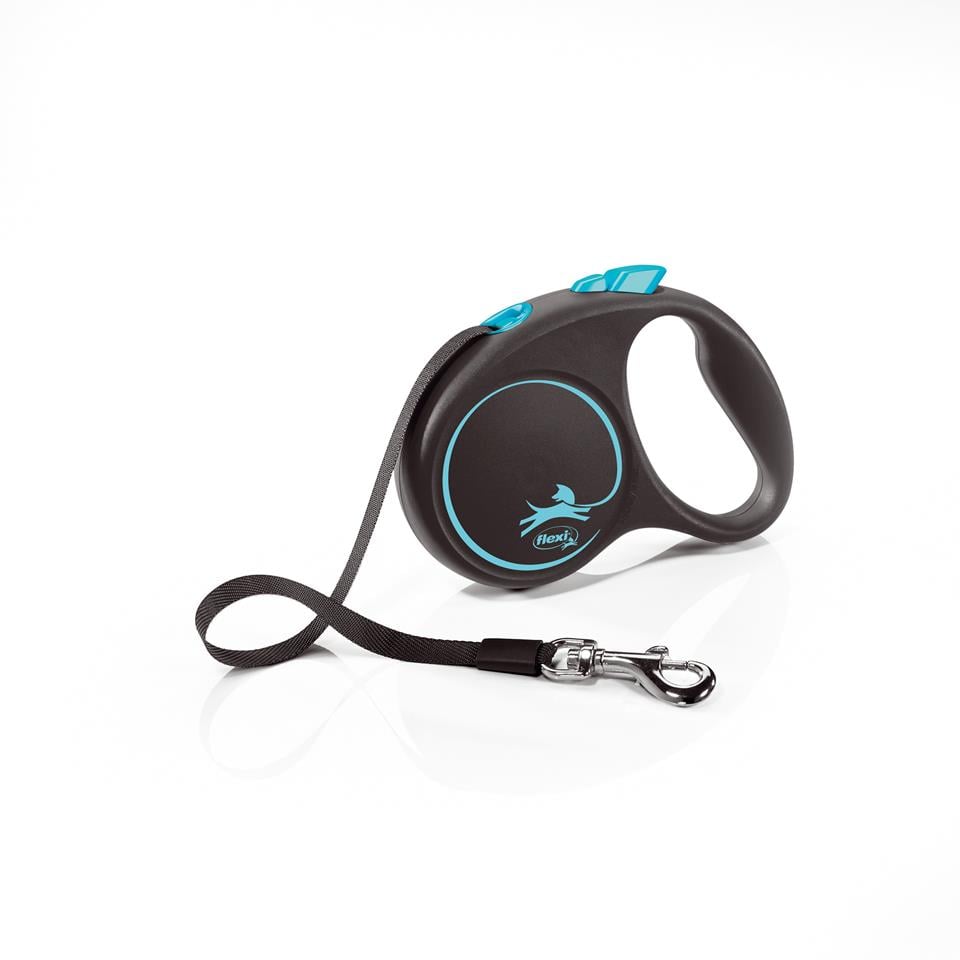 FLEXI Black Design lesa automata cu banda pentru caini, negru cu albastru, marimea S, 5 m
