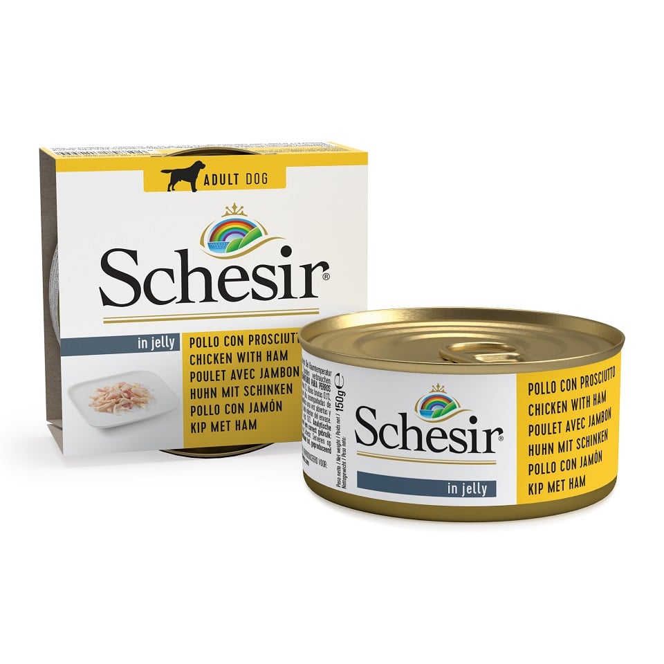 SCHESIR Mancare umeda pentru caine, pui cu sunca in aspic 150 g