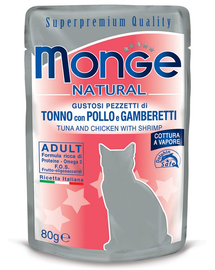 MONGE hrană umedă pentru pisici, cu ton, creveți și pui 80 g