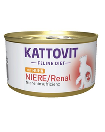 KATTOVIT Feline Diet Niere/Renal hrana umeda dietetica pentru pisici cu afectiuni ale rinichilor, cu pui 85 g