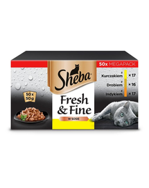 SHEBA Fresh&Fine 50x50 g plicuri in sos pentru pisici, cu pui, pasari de curte si curcan