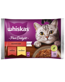 WHISKAS Adult Plicuri hrana umeda pisica 4x85 g Juicy Bites hrana umeda cu bucat de carne de vita, pui in aspic