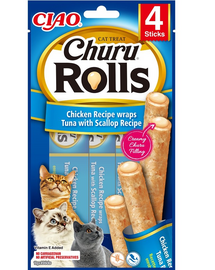 INABA Churu Rolls Chicken 4x10g rulou pentru pisici, cu pui, ton si scoici