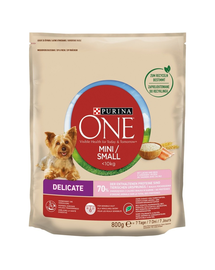 PURINA ONE Mini / Small Delicate Hrana uscata pentru caini adulti de talie mica cu probleme ale tractului digestiv, cu somon si orez 800 g