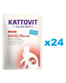 KATTOVIT Feline Diet Niere/Renal Beef hrana umeda dietetica pentru pisici cu afectiunile ale rinichilor, cu vita  24 x 85 g