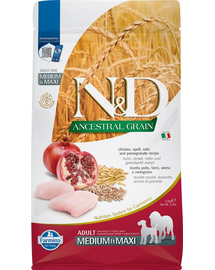 FARMINA N&D Ancestral Grain dog Adult Medium & Maxi Chicken & pomegranate Hrana uscata pentru caini de talie medie si mare, cu rodie si pui 2,5 kg