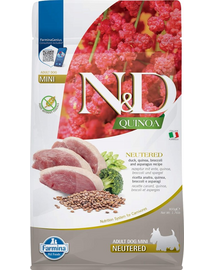 FARMINA N&D Quinoa Dog Duck, Broccoli & Asparagus Neutered Adult Mini 800 g Hrana uscata caini de talie mica, sterilizati
