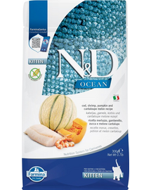FARMINA N&D Ocean Cat Kitten Hrana pisoi, pisici gestante si care alapteaza, cu cod, creveți, dovleac si pepene galben - 300 g