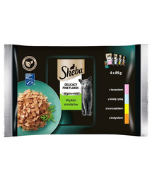 SHEBA plicuri hrana pisici 4x85g Fine Flakes in Jelly - hrana umeda pentru pisici in jeleu (peste alb, somon, curcan, pui)