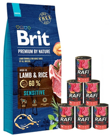 BRIT Premium By Nature Sensitive Lamb 15 kg + hrana umeda cu vita 6x400 g
