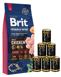 BRIT Premium By Nature Junior Large L 15 kg + hrana umeda 6x1240 g cu pasare