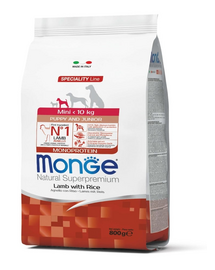 MONGE Mini Puppy&Junior hrană uscată pentru cățeluși de talie mică, cu miel și orez 800 g