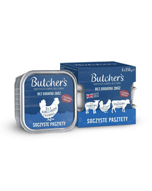 BUTCHER'S Original Pateu suculent Arome mixte cu ficat sau rinichi 4x150 g pateu cu carne de vită, cu miel și pui pentru câini