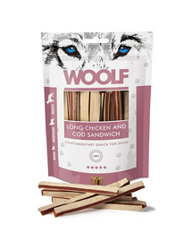 WOOLF Long Chicken And Cod Sandwich 100g pui si cod, pentru caini