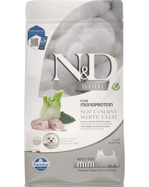 FARMINA N&D White Dog Adult Mini Sea Bass, Spirulina & Fennel 2 kg Hrana caini talie mica, blana alba, cu biban de mare, spirulina si fenicul