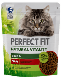 PERFECT FIT Natural Vitality 1+  hrana uscata pentru pisici adulte cu carne de vita si pui 650 g