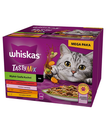 Hrana pentru pisici WHISKAS Adult 24x85 g Tasty Mix mix arome in sos cu vita, somon, pui si curcan, pui si cod pentru pisici adulte