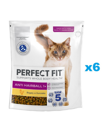 PERFECT FIT Antihairball 1+ 6x750 g hrana pisici adulte, cu pui