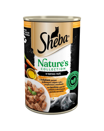 SHEBA pate pentru pisica 400 g Nature's Collection curcan, inimi de pasare si ulei de peste cu garnitura de morcovi