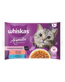 Hrană umedă pisici adulte în sos WHISKAS Aromatic Mix 4x85 g plicuri cu porc și pește