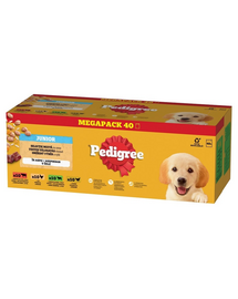 Plicuri PEDIGREE caini Junior Mix arome cu orez 40x100 g in aspic hrana umeda completa bucati vita, ficat si orez, cu pui si orez, cu miel, ficat si orez, cu pasare si orez