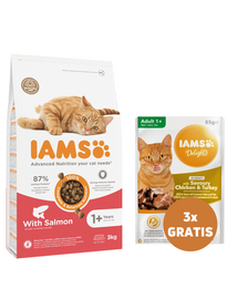 IAMS for Vitality Mancare pisica adulta, cu somon 3 kg + 3 x plicuri pisica, cu pui si curcan 85 g