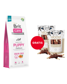 Hrana cu somon BRIT Care Grain-free Puppy 12 kg + WOOLF Chicken And Rawhide Twister 2 x 100g GRATIS