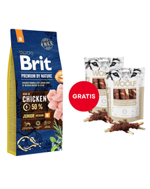 Mancare caini BRIT Premium By Nature Junior Medium M Chicken 15 kg + WOOLF Chicken And Rawhide Twister 2 x 100g GRATIS