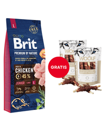 Hrana catelus BRIT Premium By Nature Junior Large L Chicken 15 kg + WOOLF Chicken And Rawhide Twister 2 x 100g GRATIS