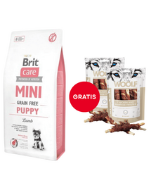 Hrana cu miel BRIT Care Mini Grain Free Mini Puppy Lamb 7 kg + WOOLF Chicken And Rawhide Twister 2 x 100g GRATIS