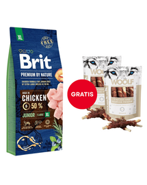 Pachet BRIT Premium By Nature Junior Extra Large XL Chicken 15 kg + WOOLF Chicken And Rawhide Twister 2 x 100g GRATIS