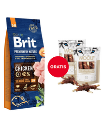 Pachet BRIT Premium By Nature Senior Small Medium S+M Chicken 15 kg + WOOLF Chicken And Rawhide Twister 2 x 100g GRATIS
