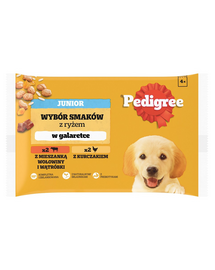 PEDIGREE Junior Choice of Flavours 4x100 g hrana umeda catei, cu vita si ficat si orez, cu pui si orez, in aspic