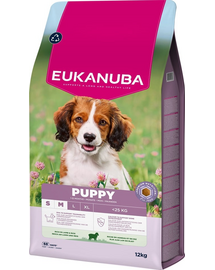 EUKANUBA Puppy Small Medium Breeds Lamb Rice 12 kg hrană uscată pentru căței din rase mici și medii, bogată în carne de miel și orez