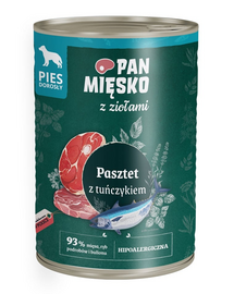Hrană umedă câini adulți PAN MIĘSKO pate ton 400g hipoalergenică cu ierburi