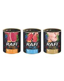 DOLINA NOTECI RAFI mix smaków (kaczka, przepiórka, jagnięcina) 36x400g mokra karma dla psa
