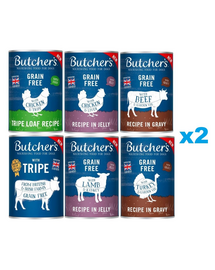 BUTCHER'S Original Mix smaków 12x400g w sosie (z wołowiną, z indykiem) w galaretce (z kurczakiem, z jagnięcina) pasztet (ze żwaczem, z kurczakiem i żwaczem)