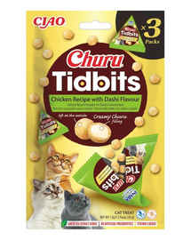 INABA Cat Churu Tidbits Rețetă cu Pui și Aromă Dashi 3×12 g gustări moi și cremoase cu pui și bulion Dashi pentru pisici