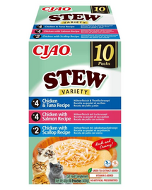 INABA Cat Ciao Stew Creamy Variety 10×40 g Mix de gustări cu pui, pește și scoici în sos cremos pentru pisici