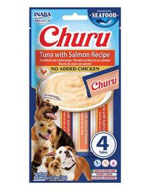 INABA Dog Churu Fish Based Tuna with Salmon Recipe 4x14g snack cremos cu ton și somon pentru câini
