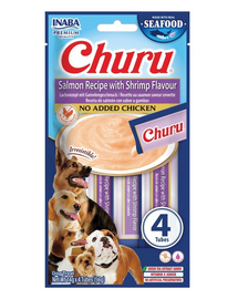 INABA Dog Churu Fish Based Salmon with Shrimp Recipe 4x14g snack cremos cu somon și creveți pentru câini