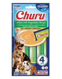 INABA Dog Churu Fish Based Salmon with Vegetables Recipe 4x14g recompensă cremoasă cu somon și legume pentru câini