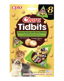 INABA Cat Churu Tidbits Rețetă cu Pui și Aromă Dashi 8×12 g gustări moi și cremoase cu pui și bulion Dashi pentru pisici