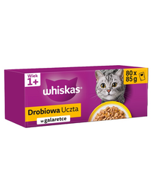 WHISKAS Adult 80x85g Plicuri in aspic Poultry Feast hrana umeda completa pentru pisici adulte cu bucati pui, rata, pasare, curcan