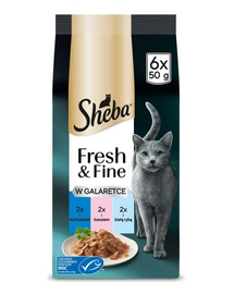 SHEBA Fresh & Fine în jelly Hrană umedă completă pentru pisici adulte cu ton, somon și pește alb 6×50 g